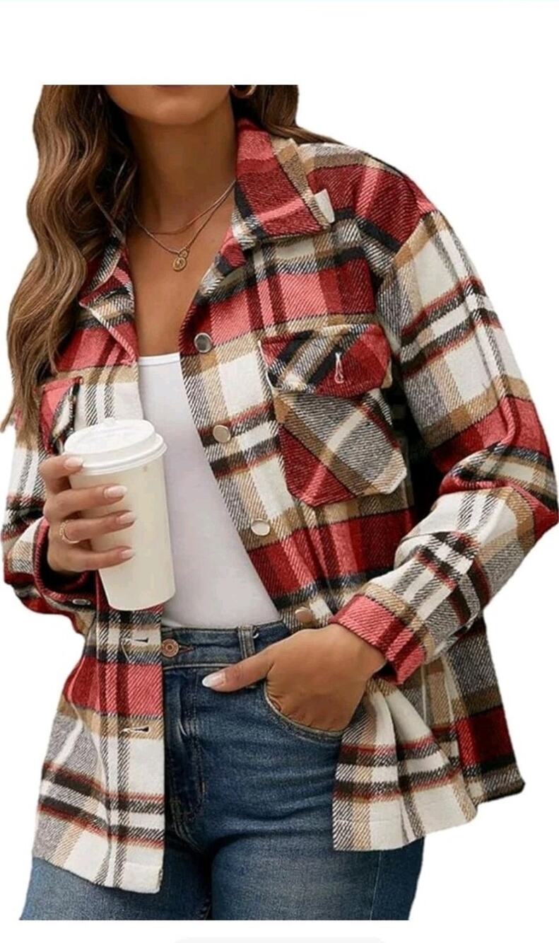 Womens Casual Flannel Plaid Shirts Shacket Jacket Oversized Fall Coat Long ( XL)